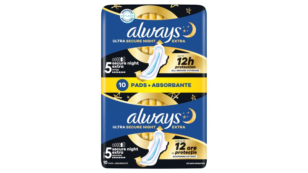 Always, Hygienické Vložky Ultra Secure Night Extra (Velikost 5), Křidélka x 10, Vložky