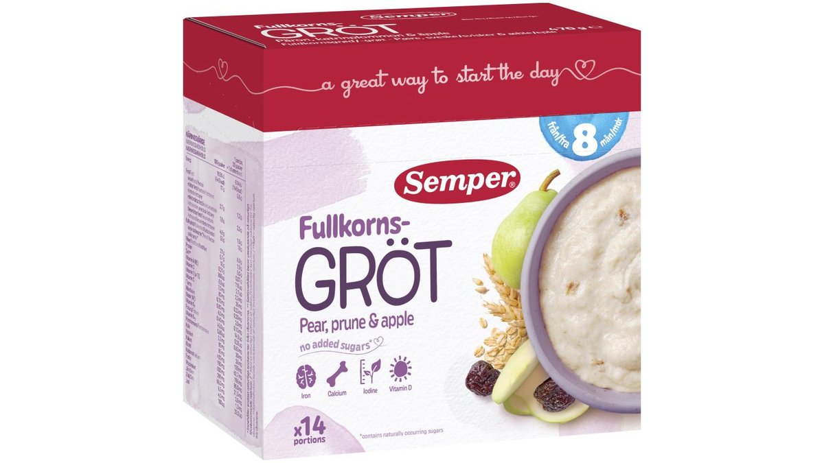 Fuldkornsgrød m. pære, sveske & æble +8 måneder, Semper