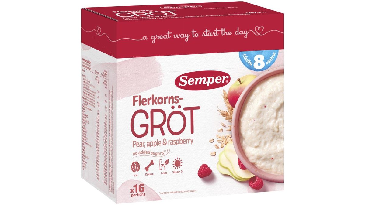 Flerkornsgrød m. pære, æble & hindbær +8 måneder, Semper