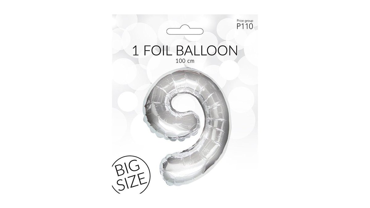 Sølv folieballon tal 9, Happy Party 1 stk.