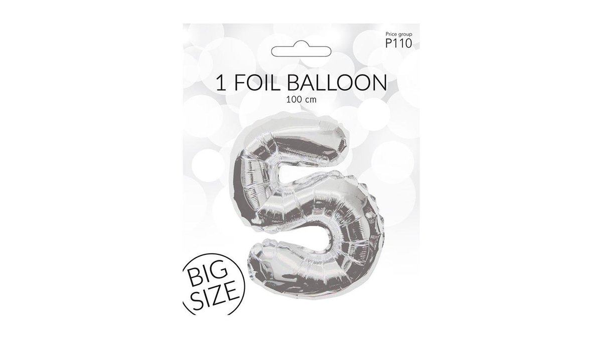 Sølv folieballon tal 5, Happy Party 1 stk.