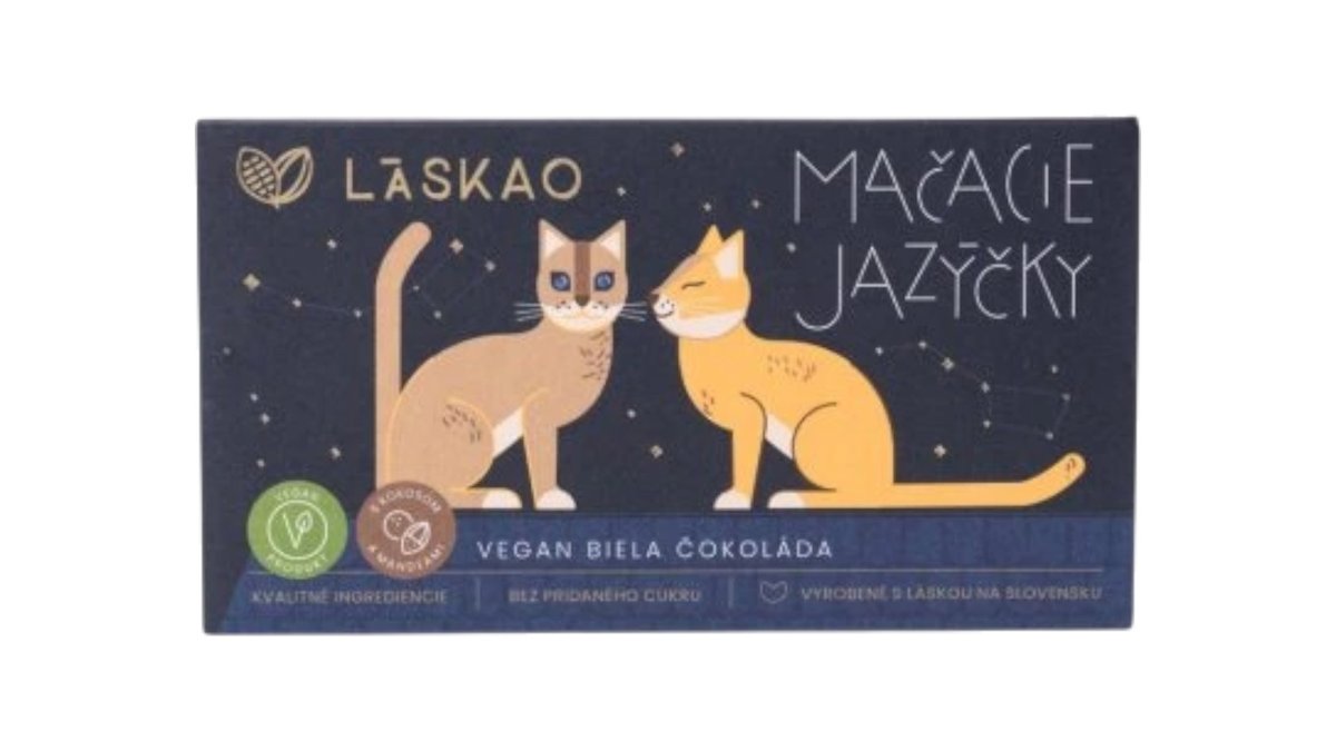 Láskao Mačacie jazýčky Vegan biela čokoláda s kokosom a kúskami mandlí, 80 g