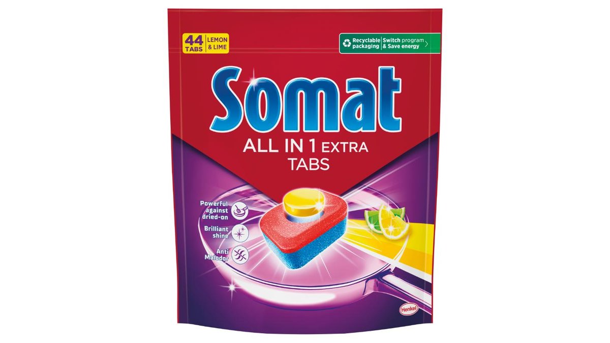 Somat All in 1 Extra Lemon & Lime Tabletki do mycia naczyń w zmywarkach 730,4 g (44 sztuki)
