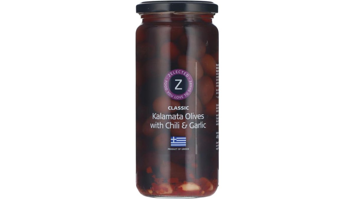 Kalamata Oliven m. chili & hvidløg, Zelected 280 g