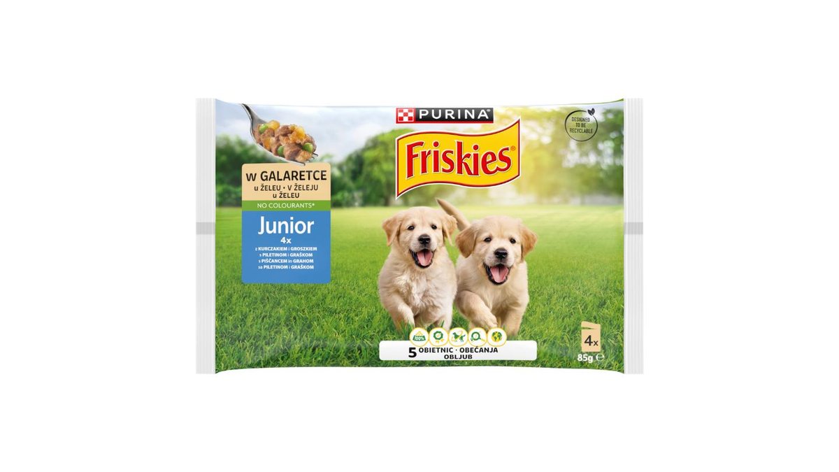 Friskies Junior Karma dla szczeniąt w galaretce z kurczakiem i groszkiem 4 x 85 g
