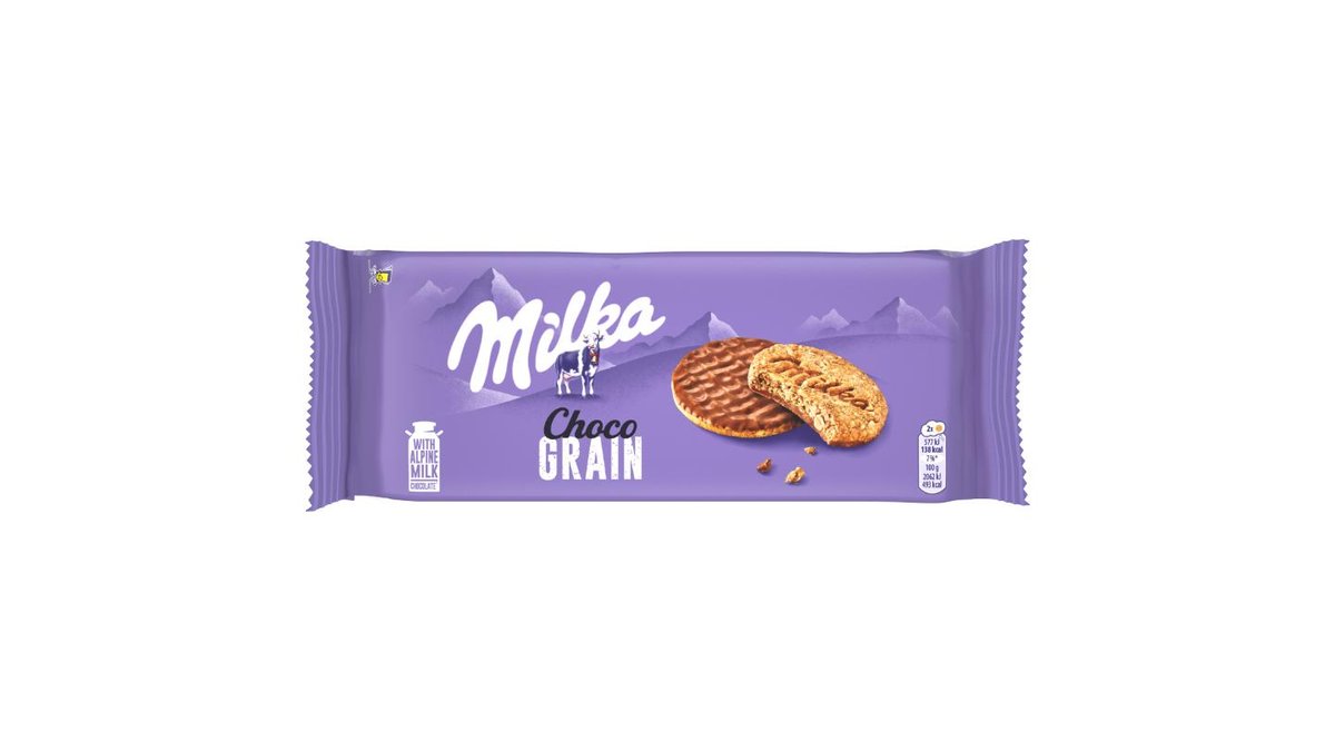 Milka Choco Grain sušenky s ovesnými vločkami a celozrnnou pšen.mouku polom. v mléčné čokoládě 126 g