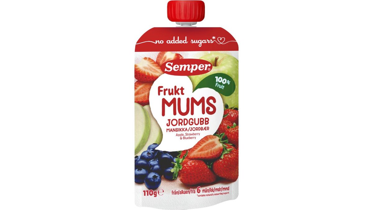 Frugtpuré m. jordbær, æble & blåbær, Semper