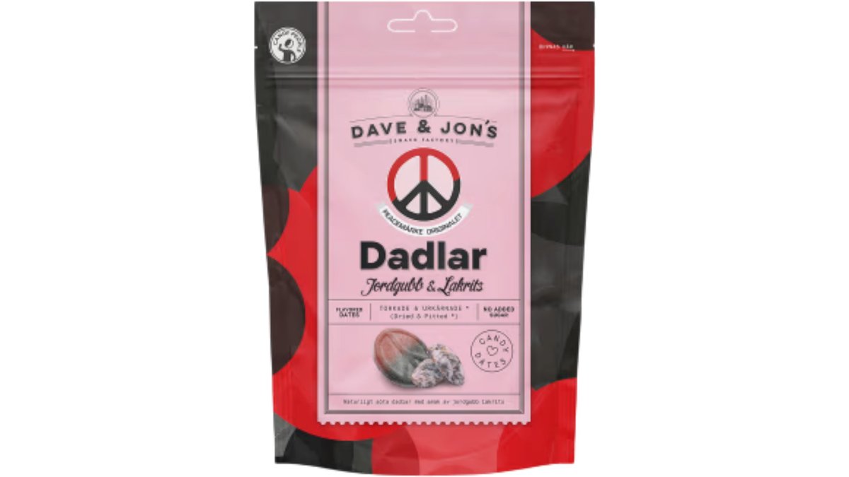 Dave & Jon's Dadlar Peacemärke Jordgubb & Lakrits, 125 g