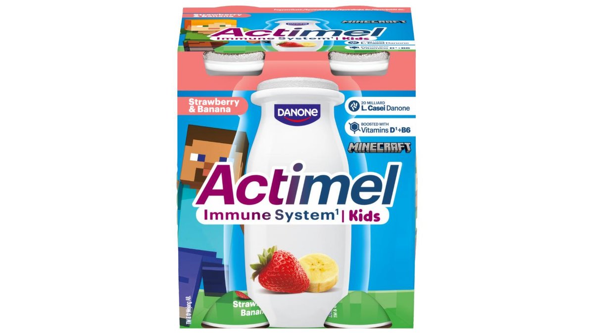 ** Actimel Kids Jogurtový nápoj s vitamínmi, jahoda-banán, 4 x 100 g