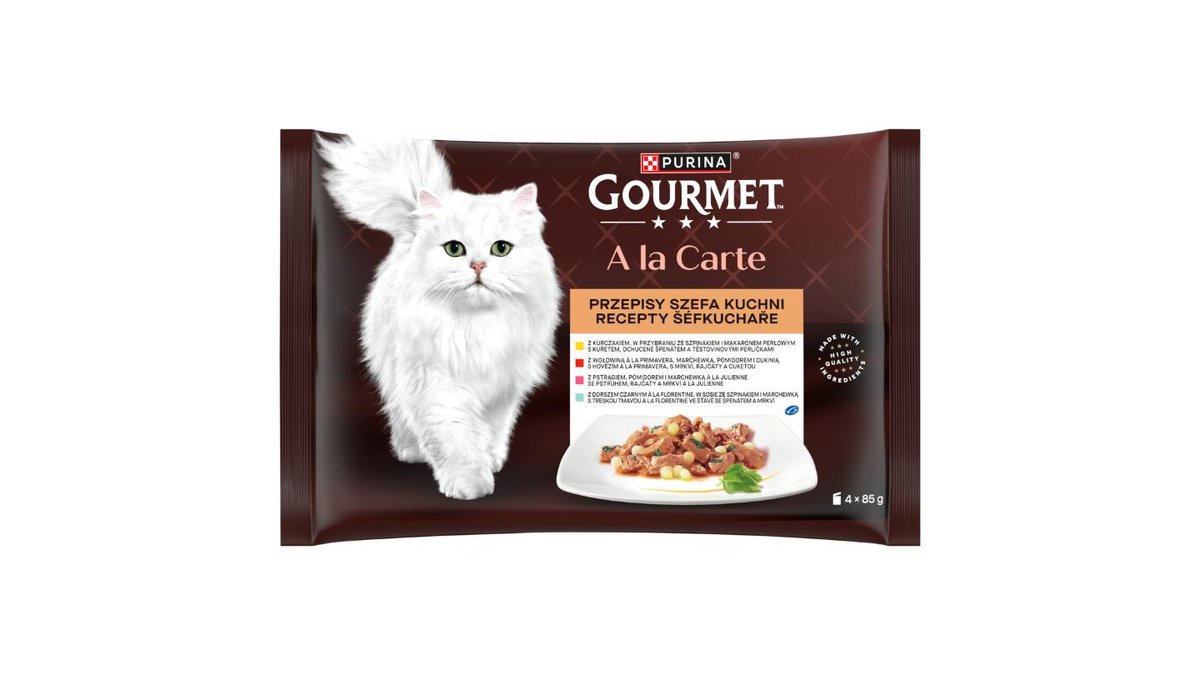 Gourmet A la Carte kapsičky pro kočky kuře, hovězí, pstruh, treska tmavá 4 x 85g