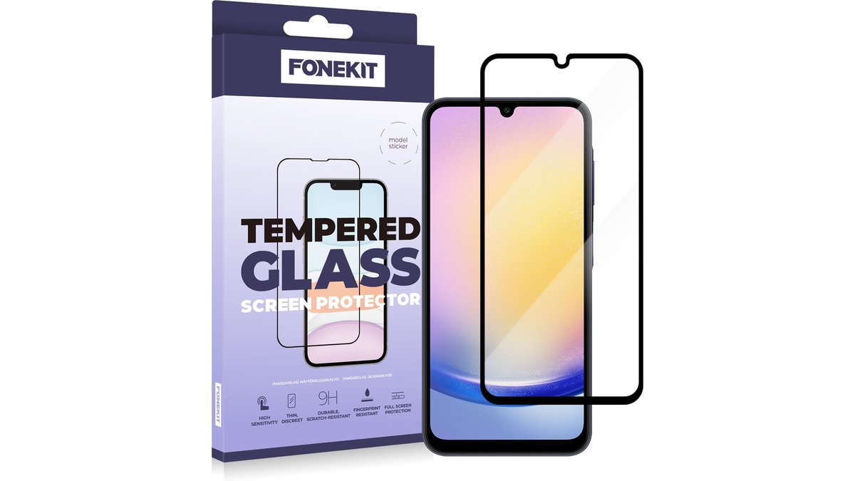 Panserglas t. Samsung Galaxy A25 i sort, FoneKit 1 stk.