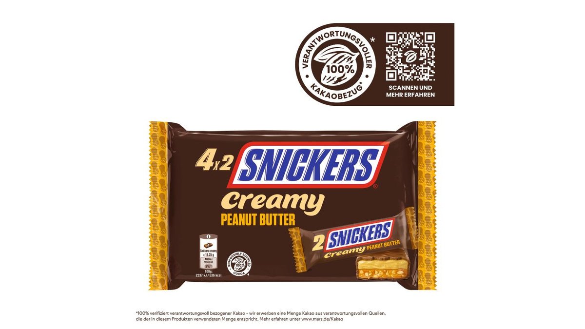 Snickers Creamy Peanut Butter Schokoriegel Multipack (4 Stück), 146 g ...