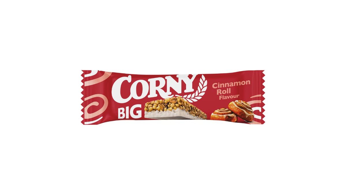 Corny Big Cereální tyčinka s příchutí skořicové rolky polomáčená v bílé polevě 40g
