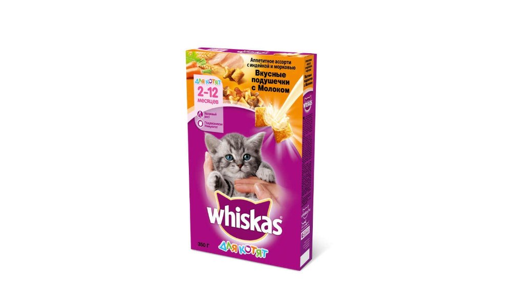 Корм для котят Whiskas молоко/индейка/морковь 350 г подушечки