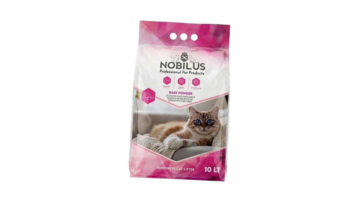 חול מתגבש לחתולים בריח טלק (בייבי פאודר) NOBILUS 10 ליטר | מנטרל ריחות 🐈 | חיות מחמד טמבוריה בשפירא