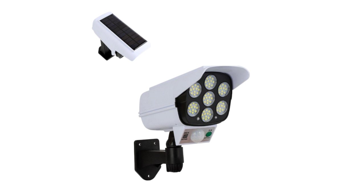 תאורה סולארית עוצמתית 77 LED | דמוי מצלמת אבטחה + שלט רחוק | טמבוריה בשפירא 💡🛡️