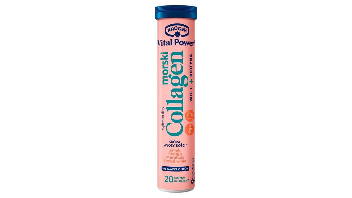 Krüger Vital Power Morski collagen wit. C + biotyna smak mango marakuja brzoskwinia 84 g (20 sztuk)