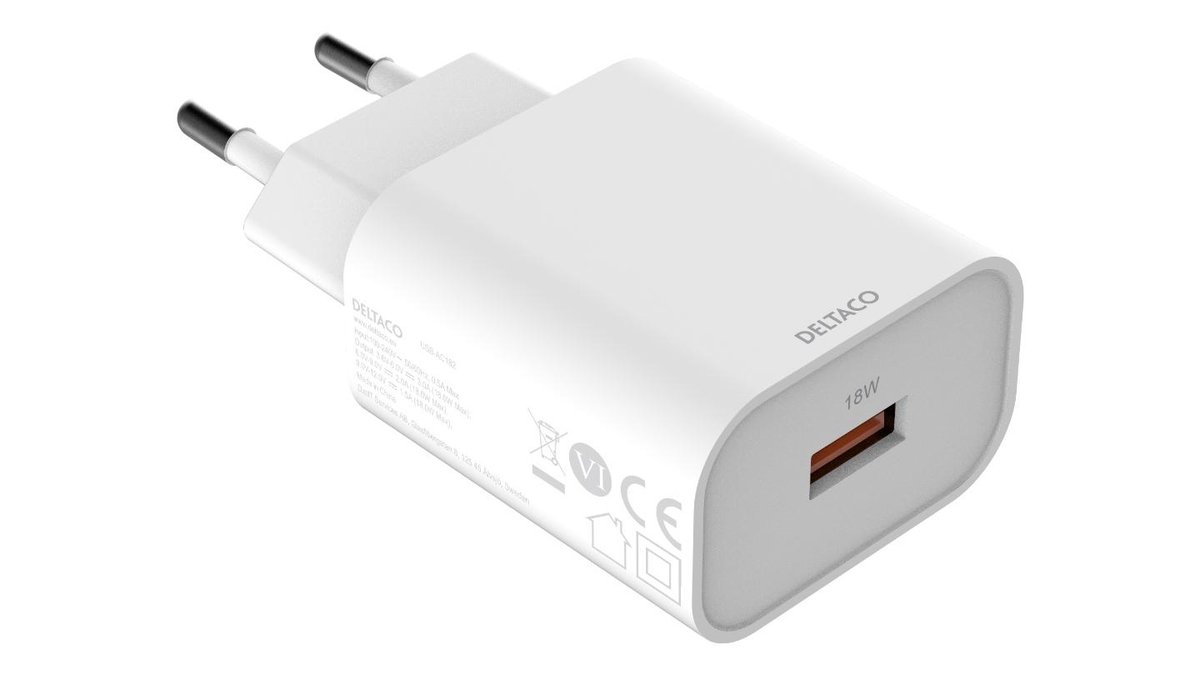 Deltaco USB-A verkkovirtalaturi 18 W, valkoinen