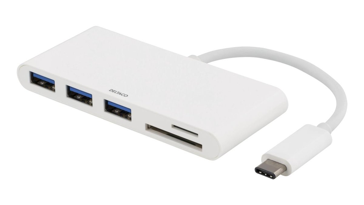 USB-C-hub med USB-A og SD/microSD, hvid, Deltaco 30 g