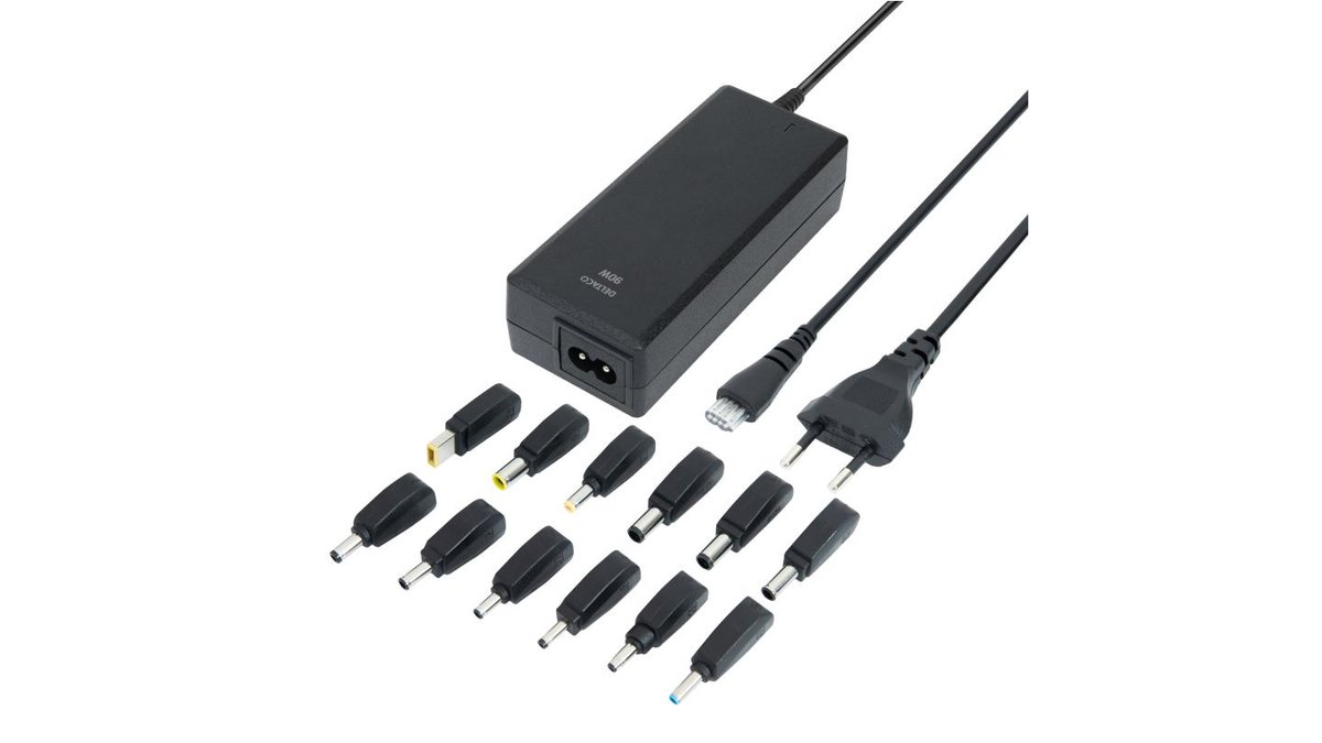 Laptopoplader, 90 W, 12 stik, sort, Deltaco 450 g