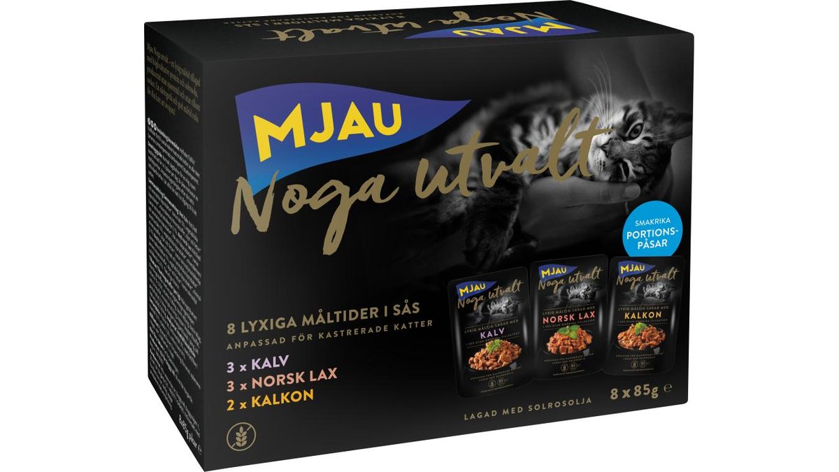 Mjau Kattmat Kalv, Lax, Kalkon i Sås, 8x85 g