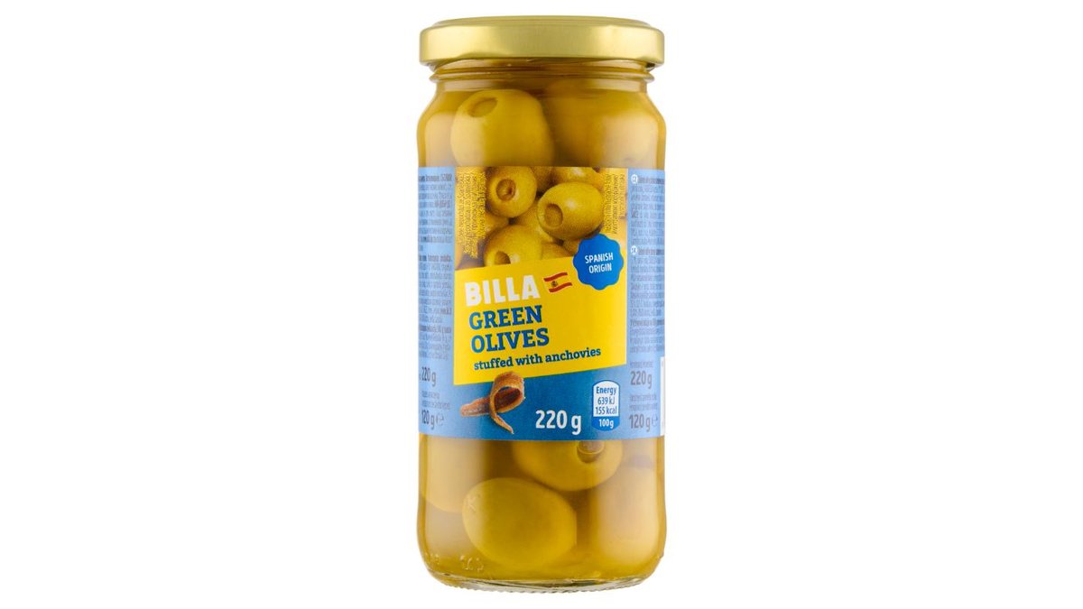 BILLA Zelené olivy plněné sardelovou pastou ve slaném nálevu 220g