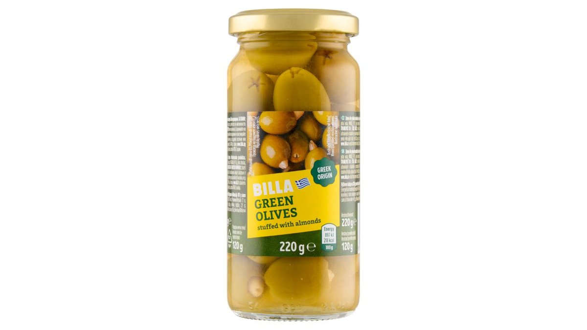 BILLA Zelené olivy plněné mandlemi ve slaném nálevu 220g
