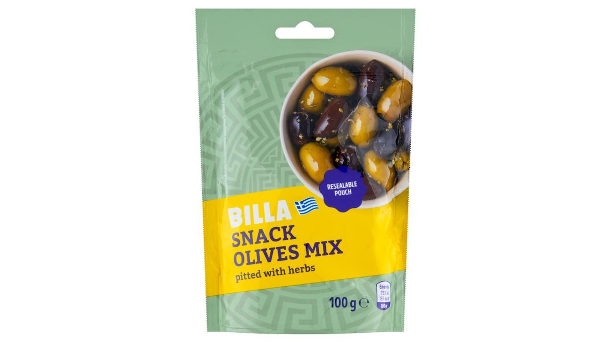 BILLA Směs černých a zelených oliv bez pecky s bylinami 100g