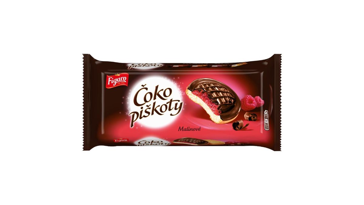 Figaro Čokopiškoty s želé s malinovou příchutí polomáčené čokoládou 147 g