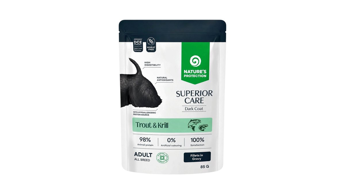 Nature’s Protection Superior Care Dark Coat Trout & Krill Fillets in Gravy 85g