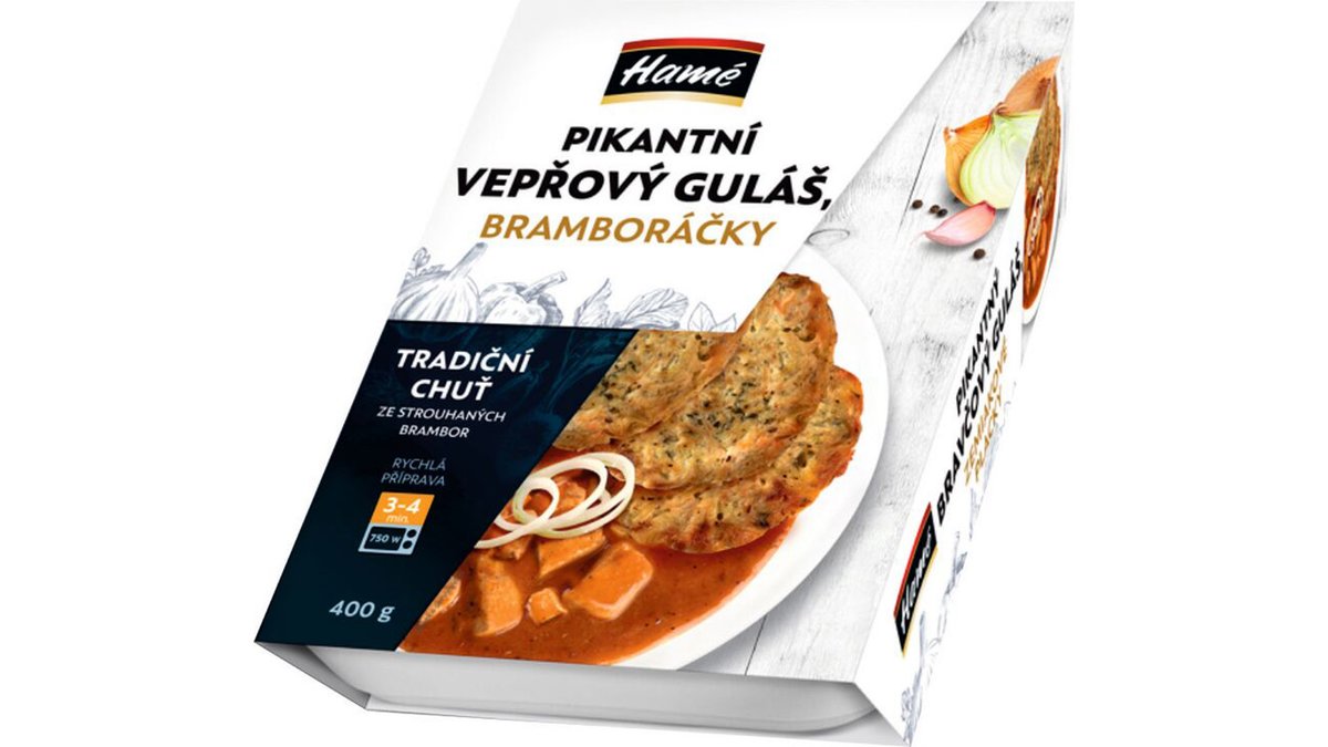 Pikantný bravčový guláš, zemiakové placky 400g