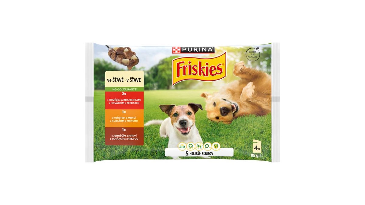 Friskies Adult kapsičky pre psov hovädzie, kura, jahňacie v šťave 4 x 85 g