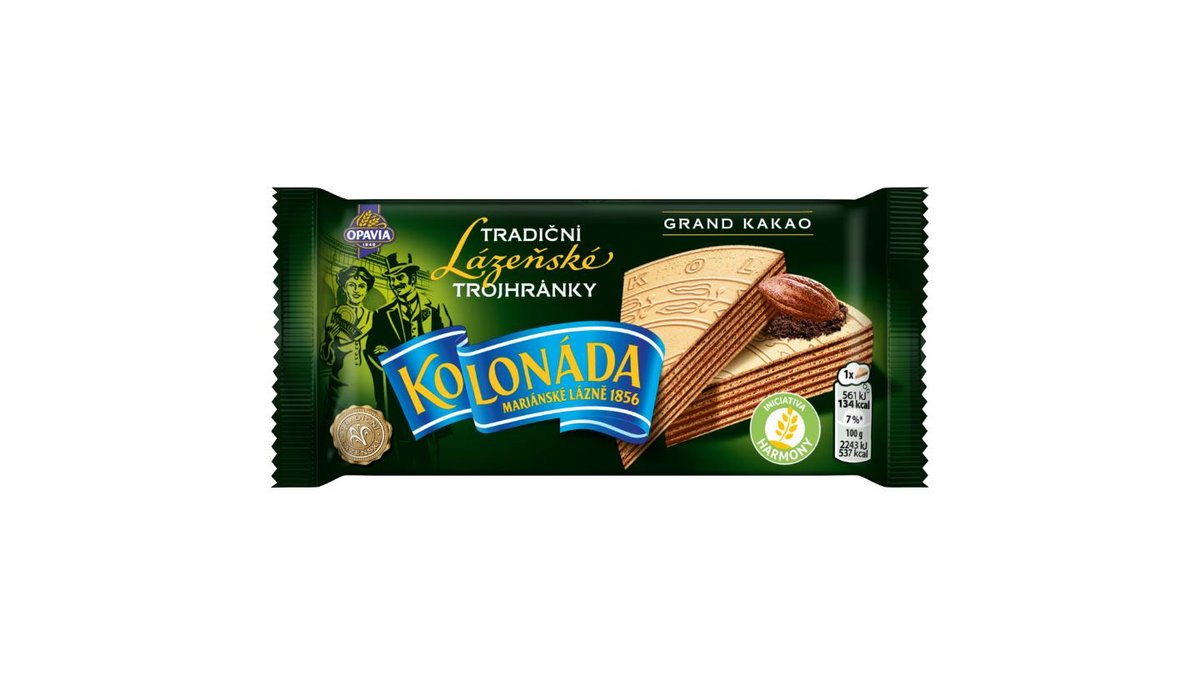 Kolonada Trojhránky s kakaovou náplní Oplatky S moukou z programu Harmony. Single pack 50 g