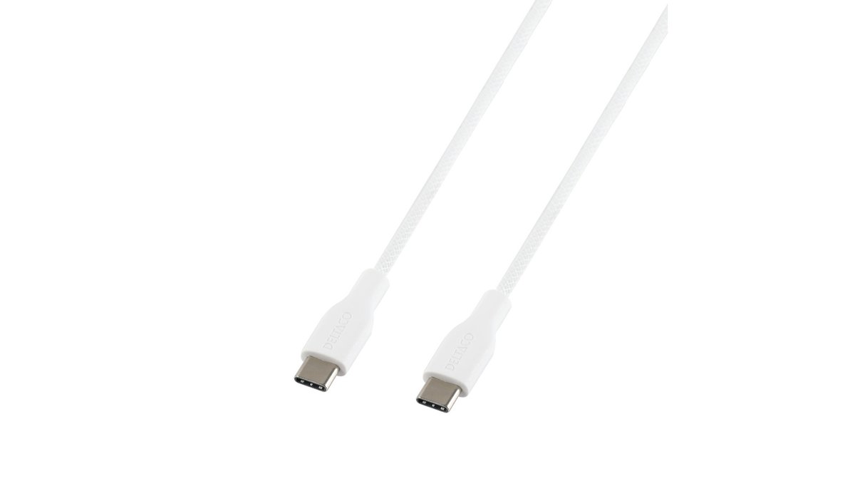 USB-C til USB-C-kabel, 1 m, 60 W, hvid, Deltaco