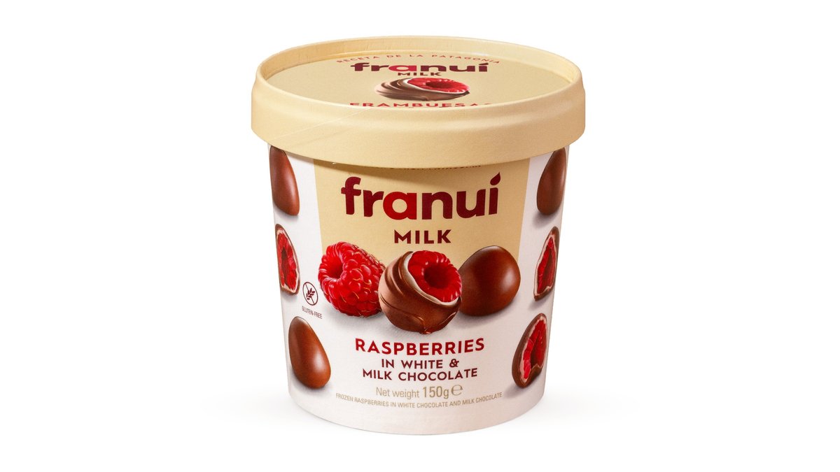 Franuí maliny v bielej a mliečnej čokoláde, čerstvo zmrazené, 150 g