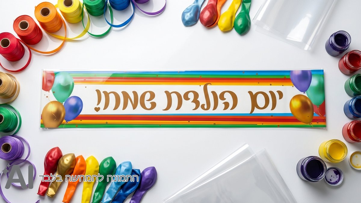 כרזת יום הולדת שמח פסים צבעוני ובלונים