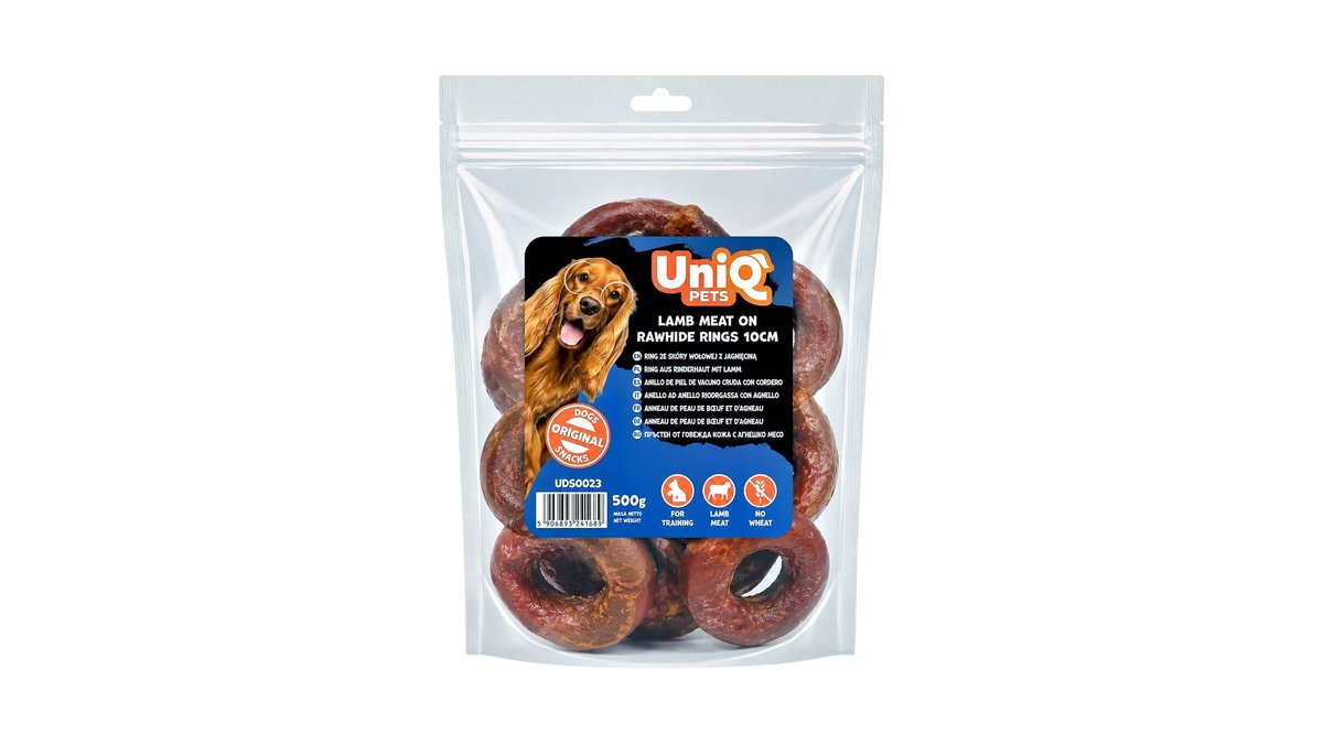 UniQ Pets Lamb Meat on Rawhide Rings 10cm Dog Treats 500g