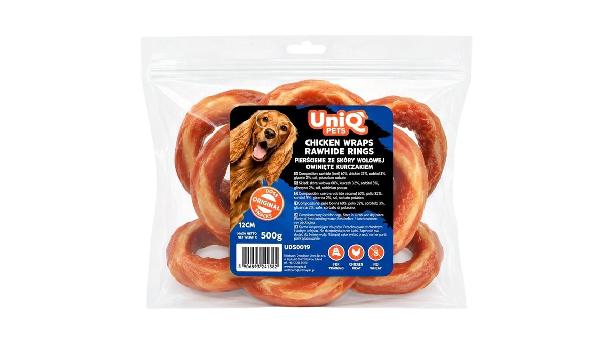 UniQ Pets Chicken Wraps Rawhide Rings Dog Treats 12cm 500g