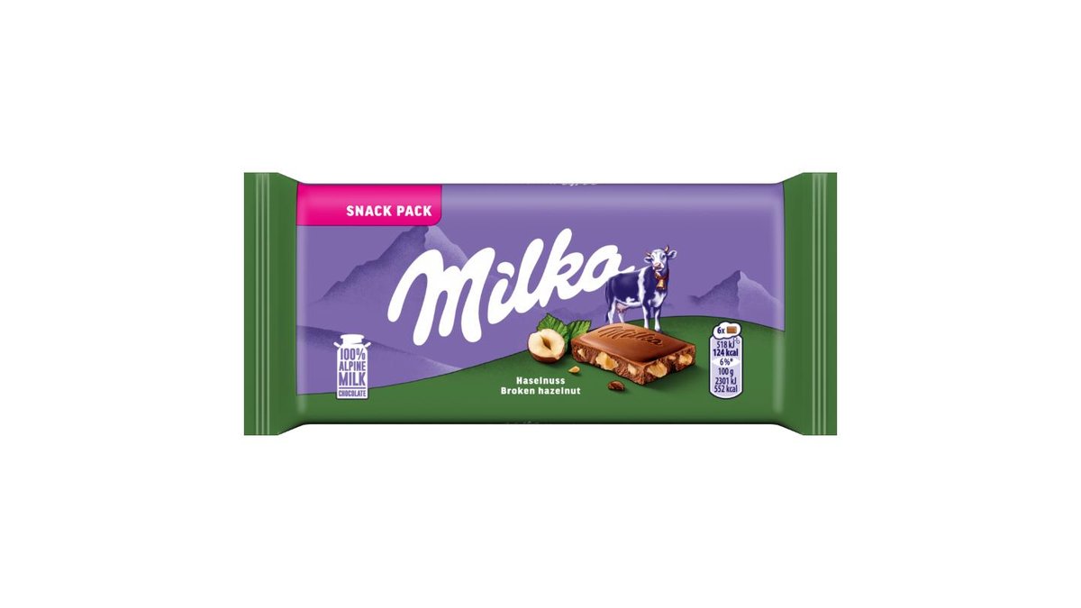 Milka Broken Hazelnut mléčná malá čokoláda z alpského mléka s drcenými jádry lískových ořechů 45 g
