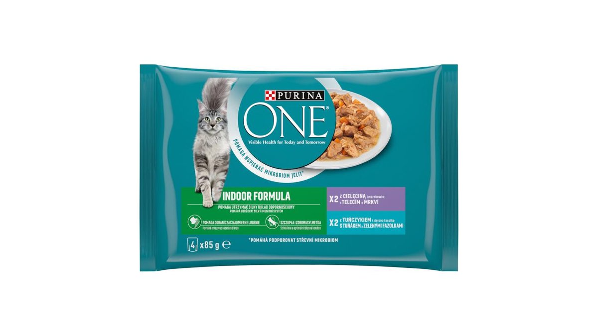Purina ONE Indoor kapsičky pro kočky tuňák, telecí ve šťávě 4 x 85g