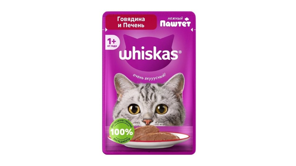 Корм WHISKAS Паштет из говядины и печени 75г м/у