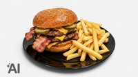 Objednať Double Bacon burger menu - žemľa,  slaninková majonéza, šalát, 2x hovädzie mäso, 2x cheddar, kyslá uhorka, slaninka, slaninkové chutney , hranolky
