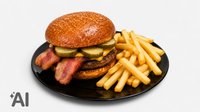 Objednať Bacon burger menu - žemľa, slaninková majonéza, šalát, hovädzie mäso, cheddar, kyslá uhorka, slaninka, slaninkové chutney , hranolky