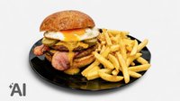 Objednať Double Egg burger menu - žemľa, majonéza, šalát, 2x Hovädzie mäso , 2x cheddar, kyslá uhorka, slaninka, vajíčko, horčica, hranolky