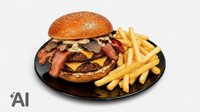 Objednať Double Truffle smash Burger - žemľa, hľuzovková majonéza, šalát, 2x hovädzie mäso, 2x cheddar, kyslá uhorka, slaninka, hranolky