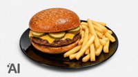 Objednať Papkáč burger menu - žemľa, kečup, šalát, hovädzie mäso, cheddar, kyslá uhorka, cibuľka, horčica, hranolky