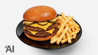 Objednať Double Papkáč burger menu - žemľa, kečup, šalát, 2x hovädzie mäso, 2x cheddar, kyslá uhorka, cibuľka, horčica, hranolky