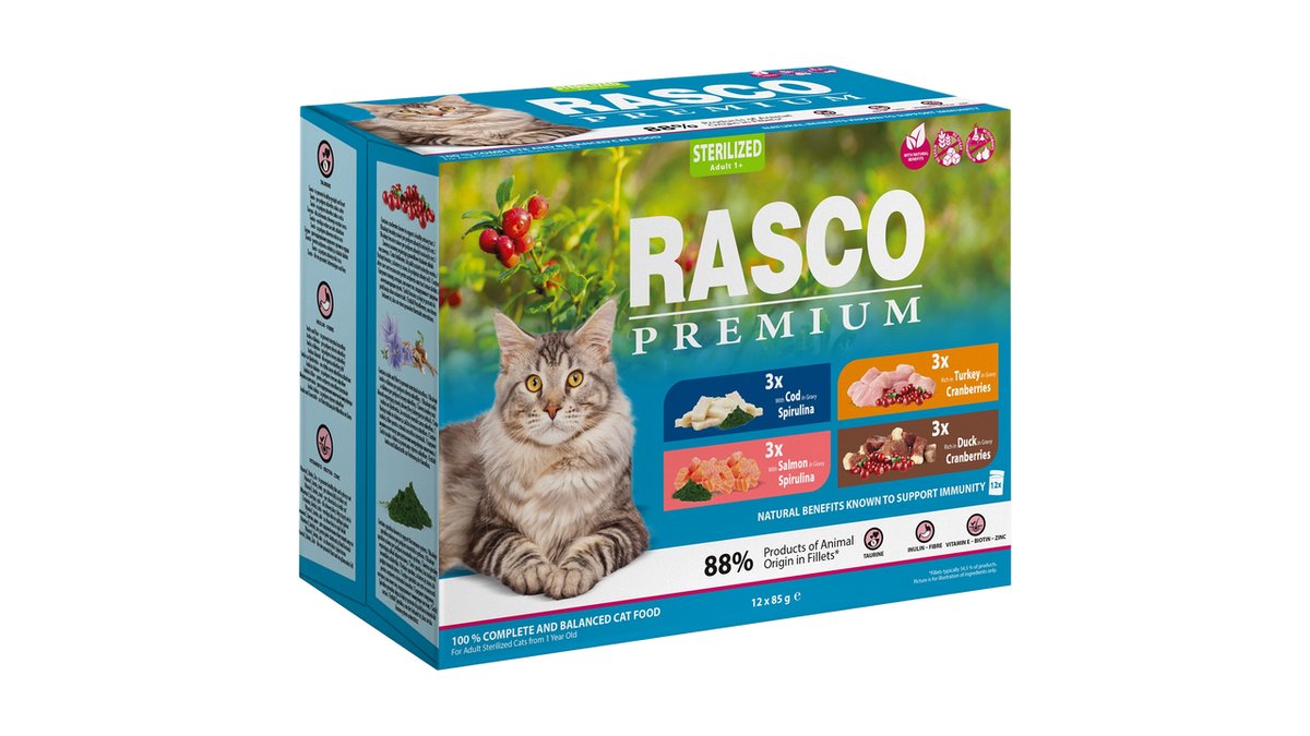 RASCO PREMIUM Kapsičky Premium Cat Pouch Sterilized - losos, treska, kachní, krůta 12 x 85 g