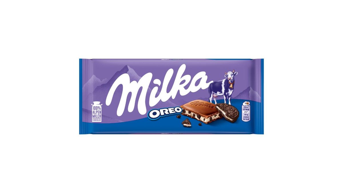 Milka Oreo mléčná čokoláda z alpského mléka s kakaovými sušenkami a vanilkovou krémovou náplní 100 g