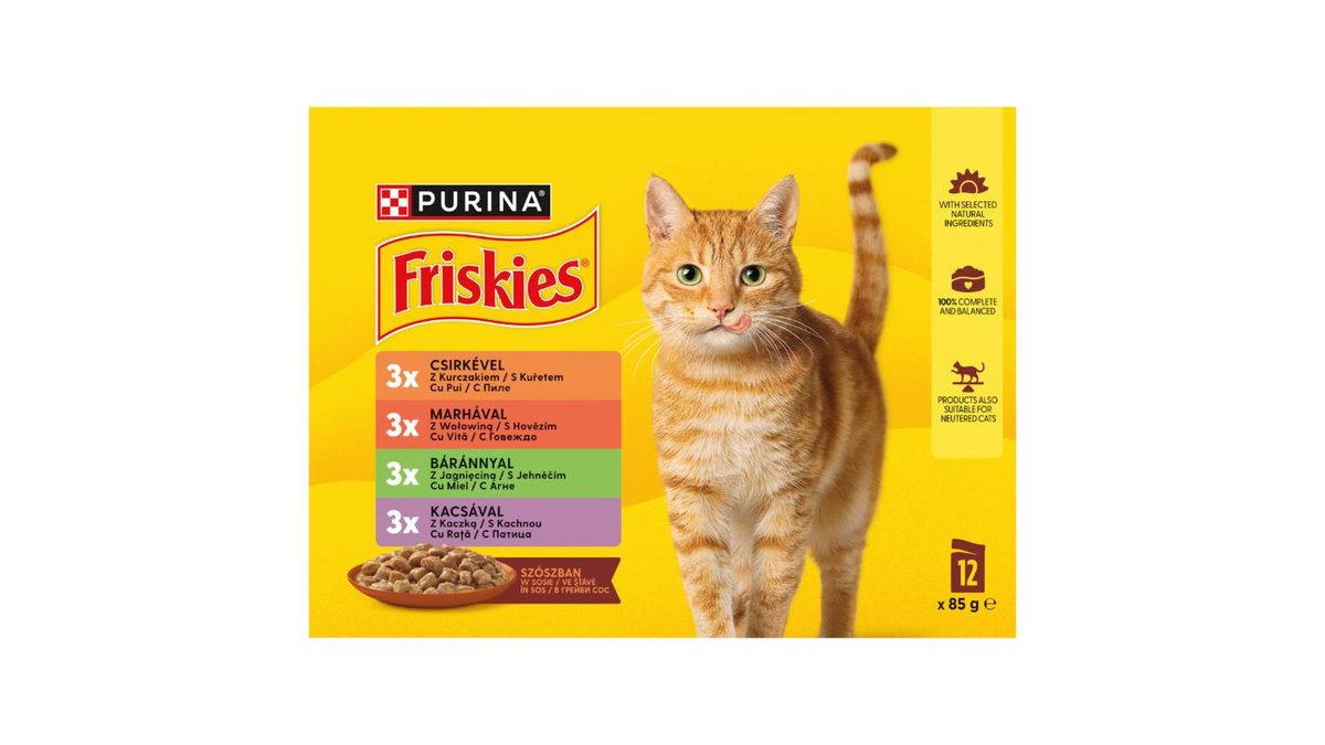 Friskies kapsičky pro kočky kuře, hovězí, jehněčí, kachna ve šťávě 12 x 85g
